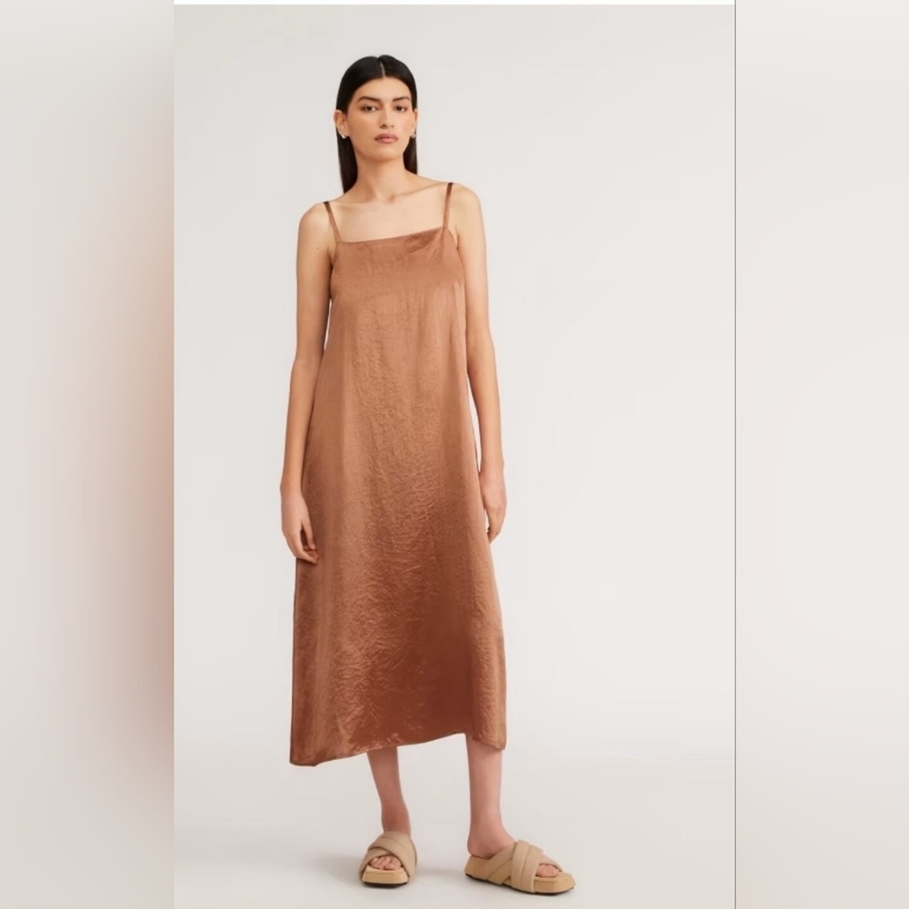 Everlane Satin Square Neck Midi Maxi Slip Dress Carob Brown Size 10